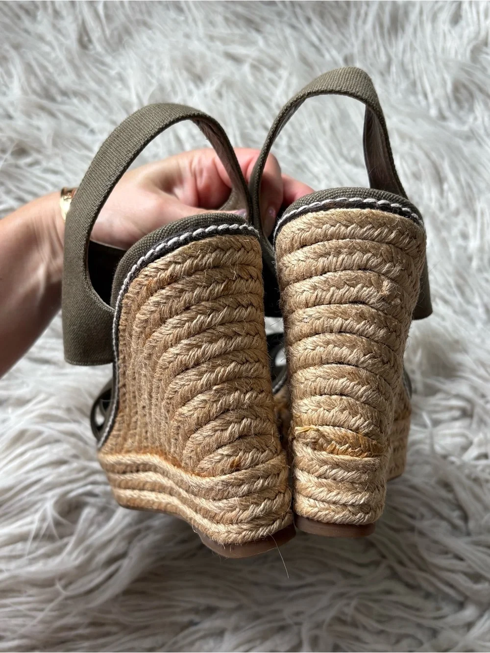 Tory Burch Gabe Lace Up Canvas Olive Green Platform Sandal Espadrilles Size 38